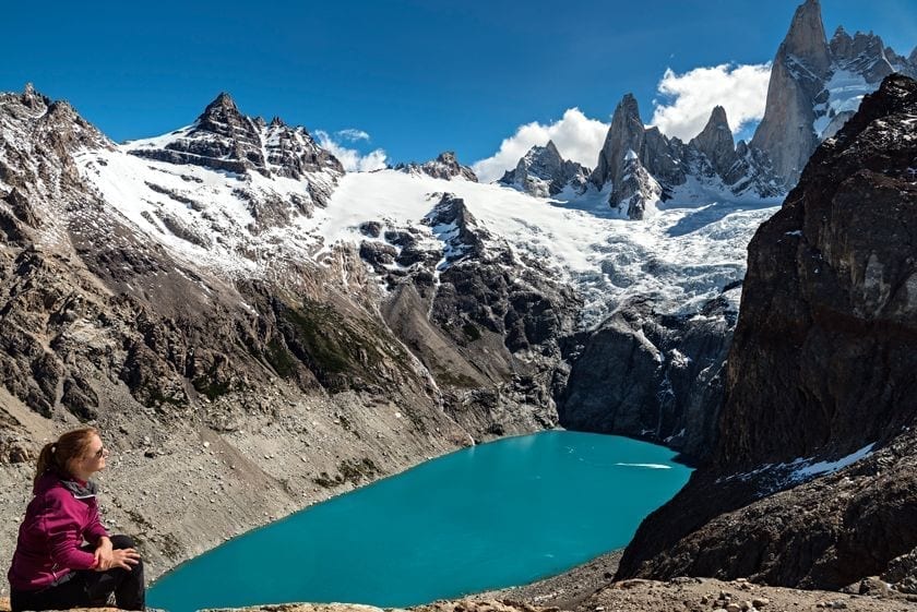 A view of a person contemplating beautiful views in national park Los Glaciares in Argentina.