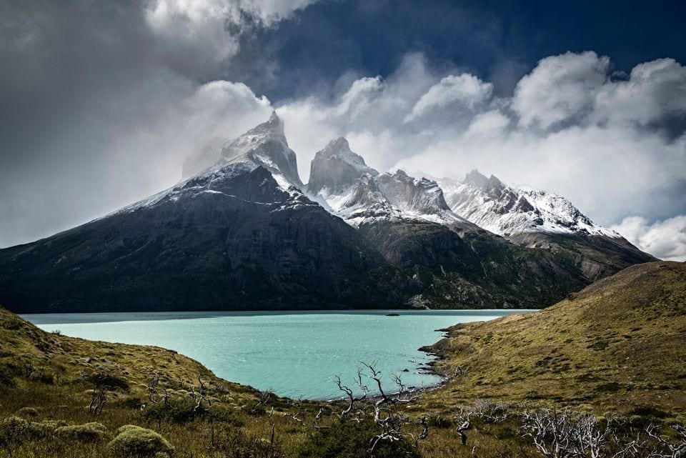 View of Cuernos del Paine from Lago Nordenskjold in Torres del Paine national park