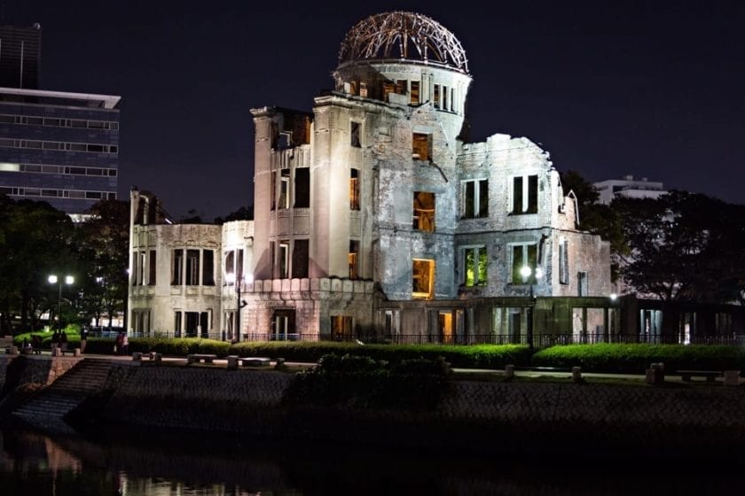 View of the lit Atomic Dome in Hiroshima at night.