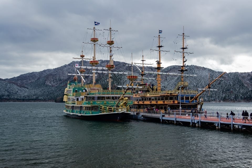 View of historical cruise-boats on Lake Ashi in Fuji-Hakone national park.