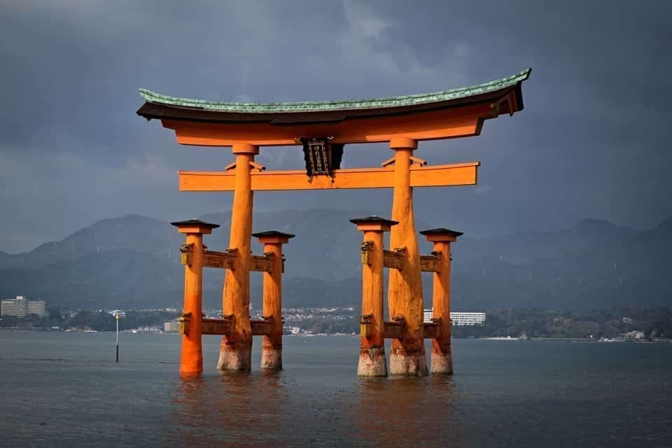 A view of Itsukushima shrine on Miyajima island, Japan.