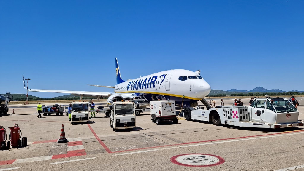 ryanair plane on the apron at the alghero airport on Sardinia italy