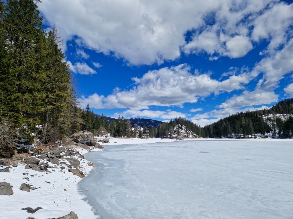 view towards the "front" end of the frozen lake braies; dolomites italy