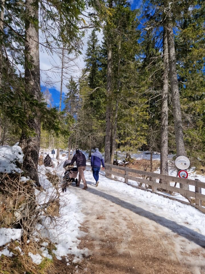 people pushing a stroller on a wet and slushy trail by Lago Braies in Dolomites italy