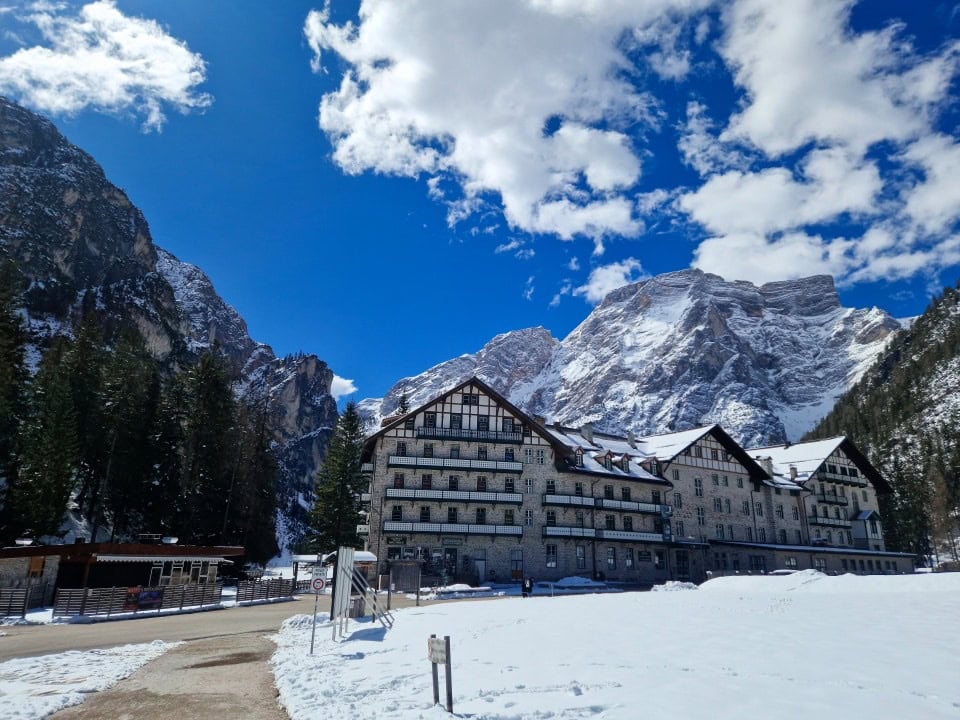 a hotel by Lake Braies in Dolomites, Italy