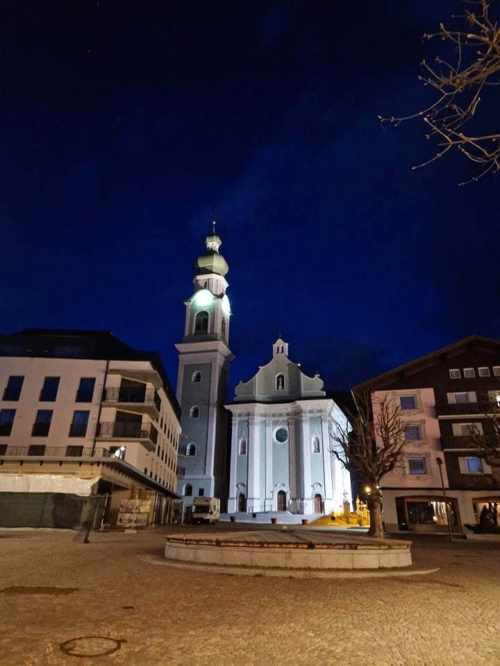 a church at night in Dobbiaco dolomites Italy