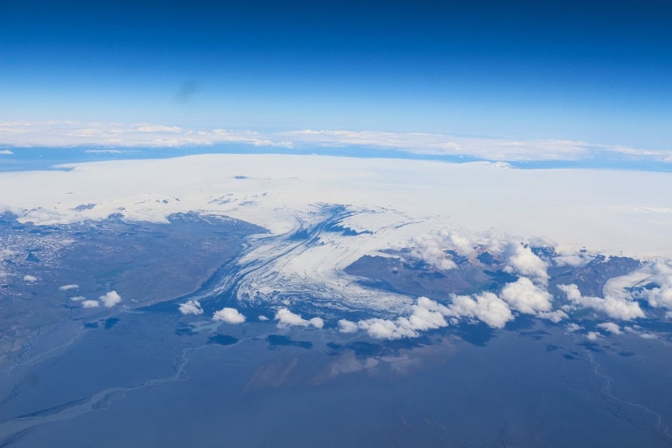 a glacier in iceland as seen from a plane