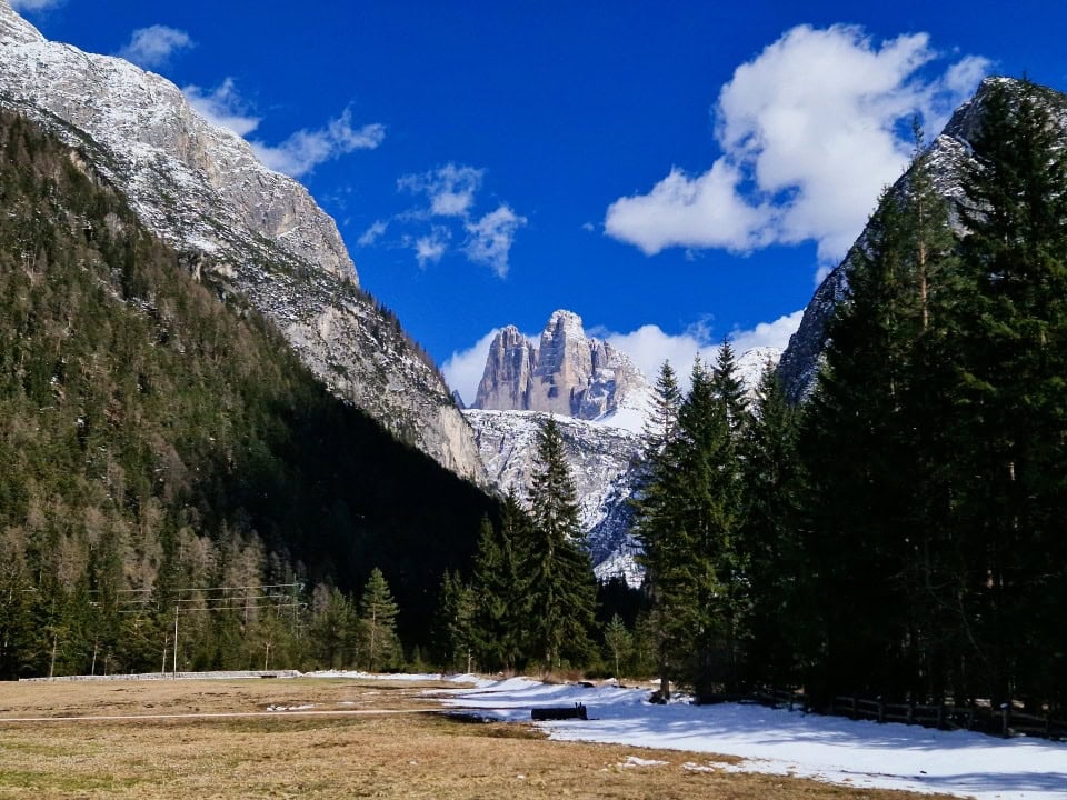 a view of tre cime di lavaredo in april in dolomites italy