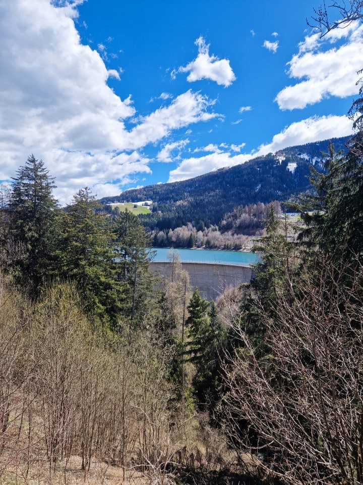 valdaora dam as seen from a road; dolomites italy