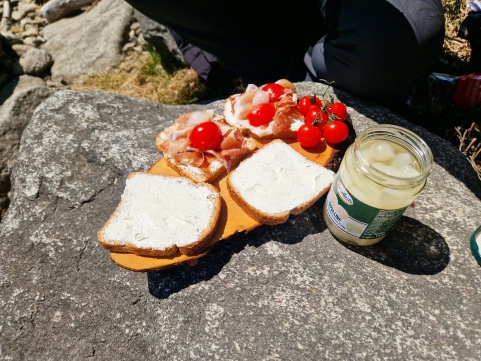 sandwiches, ham, tomatoes, and marinated onions by lake valdaora; dolomites italy