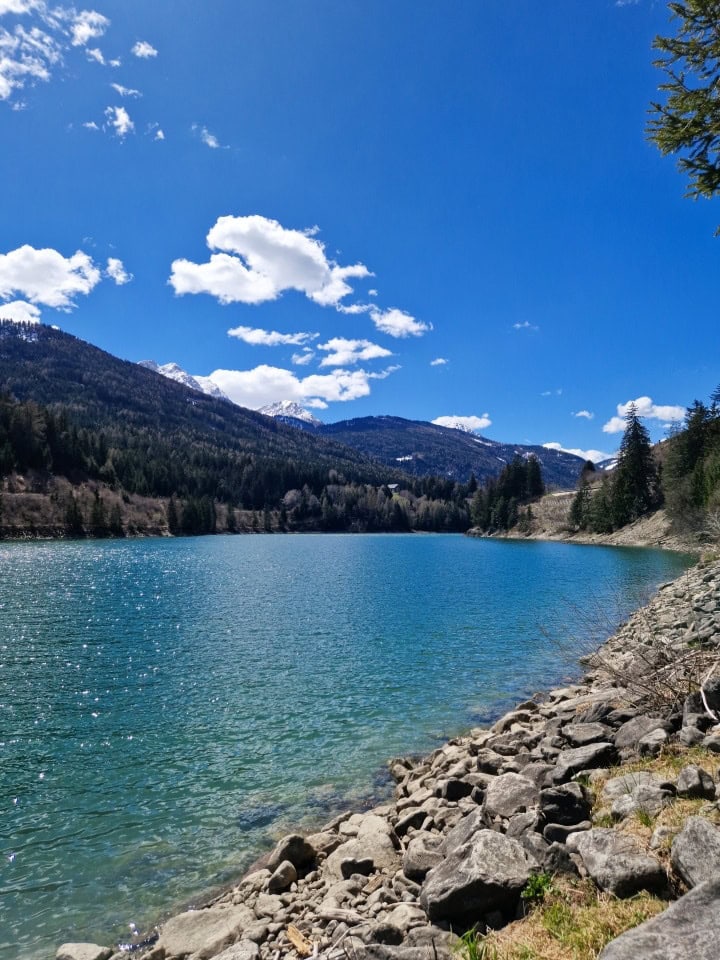 Lake Valdaora with mountains in the background Dolomites Italy