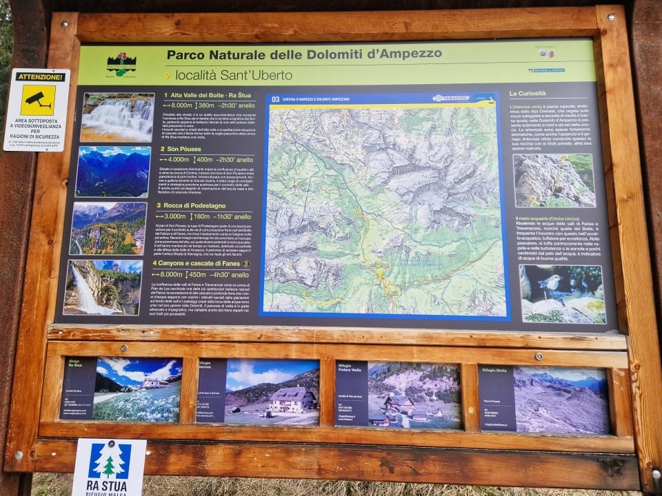 a map of trails at a parking stop in dolomites, italy