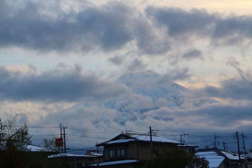 fuji from a train station in hakone japan