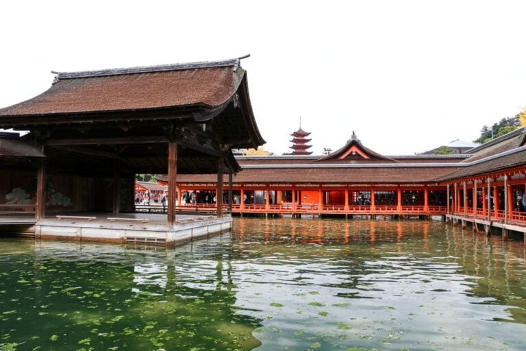 Miyajima shrine during high tide japan the shrine is bright red and the water dark and bright green with algae floating in it