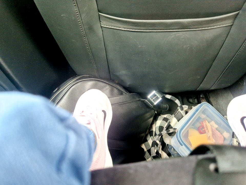 snacks on the floor of a car